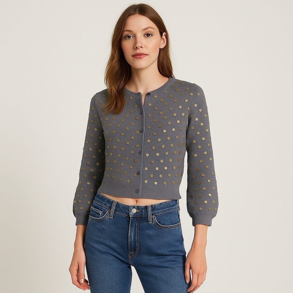 Sundance Cropped Cardigan Small Gold Metal Dot Embellished Cotton Wool Silk‎